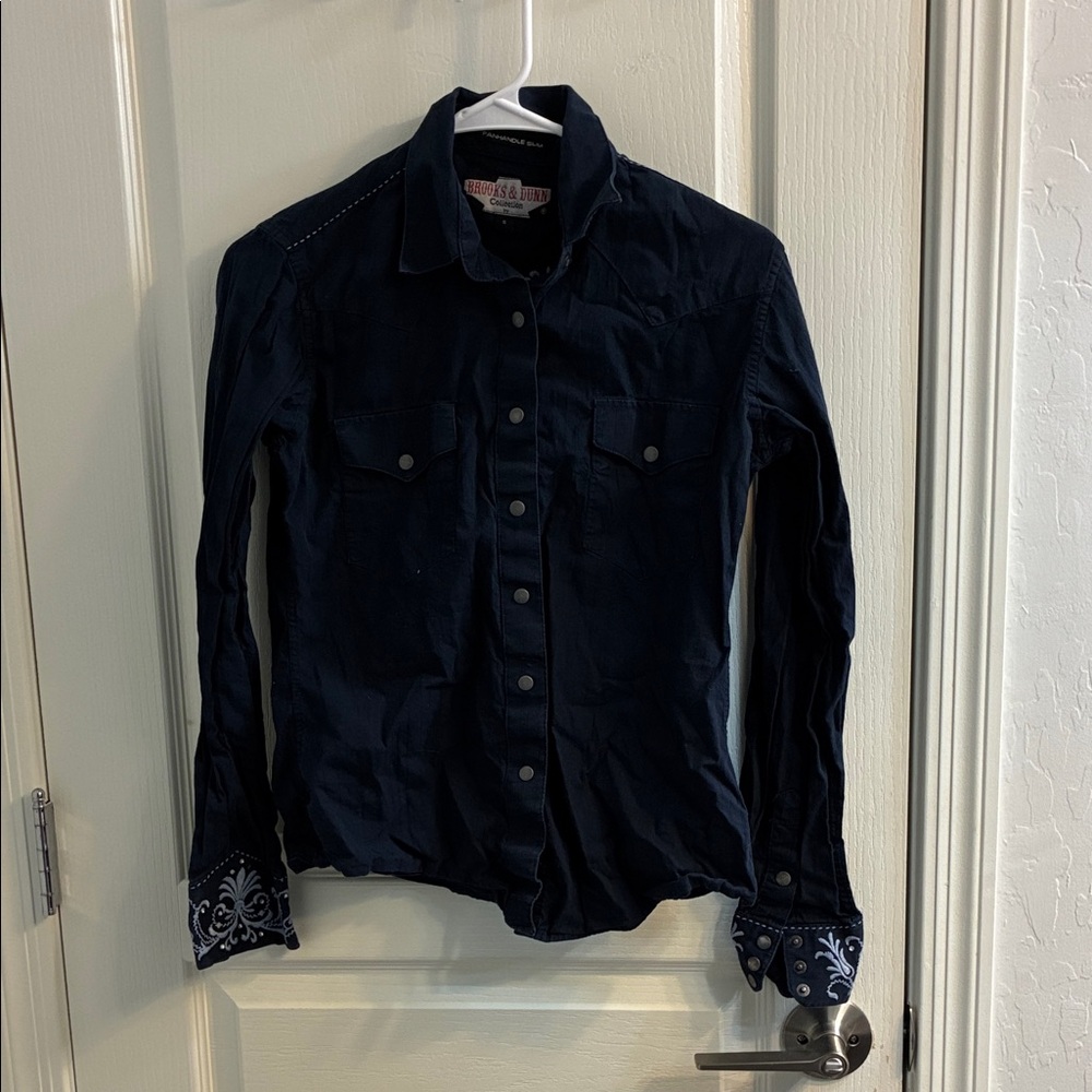 Brooks & Dunn Dark Blue Button-Up Shirt with Embroidered Cuffs